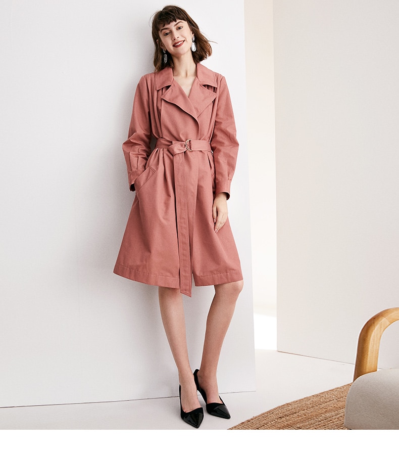 Women British Style Suit Collar Trench Coat Lace Up Knee-length Coat