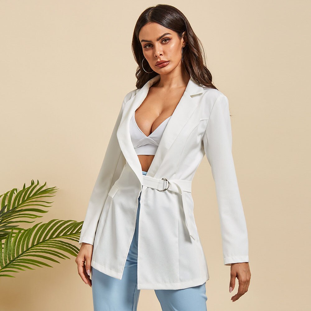 Women Casual Blazer Solid Color Deep V Metal Buckle Belt Fashion Blazer