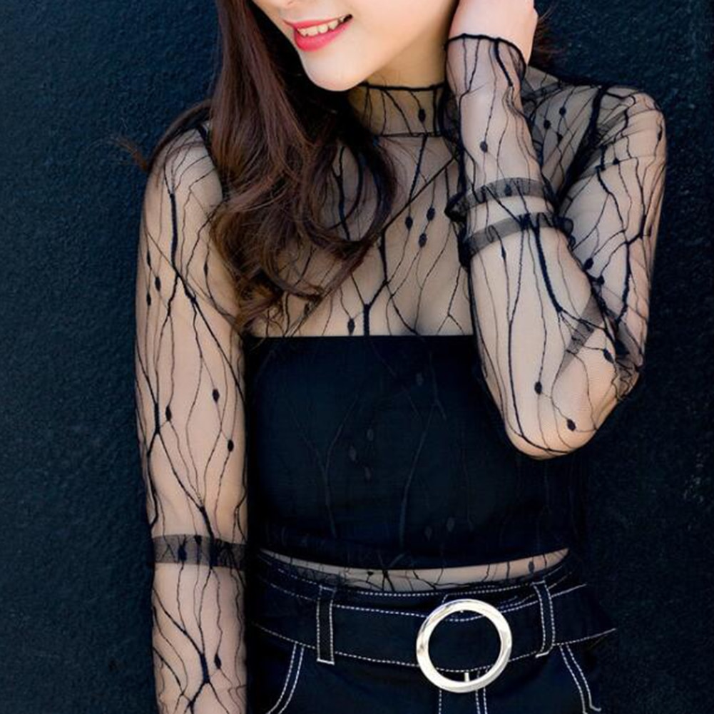 Women Fashion T-Shirts Mesh Sheer Party Long Sleeve Blouses Slim black Ladies Tops Summer Plus Size Striped Office Blouse