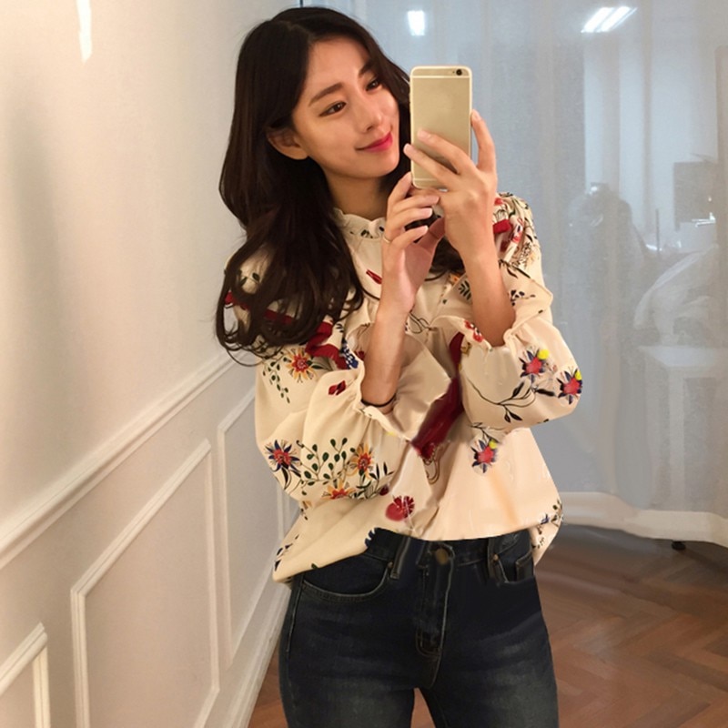 Women Fringed Decoration Ruffle Turtleneck Blouse Spring Lady Lantern Sleeve Shirts 2 Colors Vintage Floral Print Tops Q