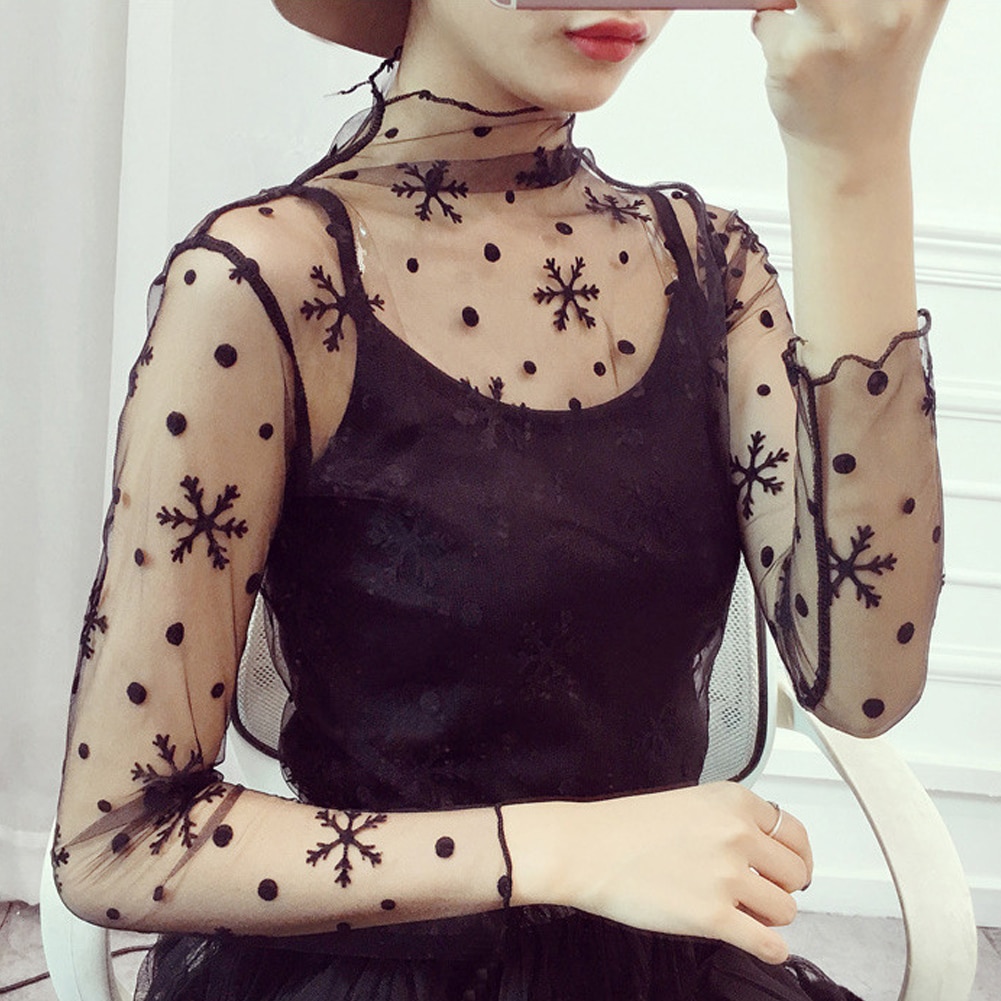 Women Lace Blouses Shirt Sexy mesh See-through Black Shirt Fashion Slim Long Sleeve Women tops 2020 spring Summer new