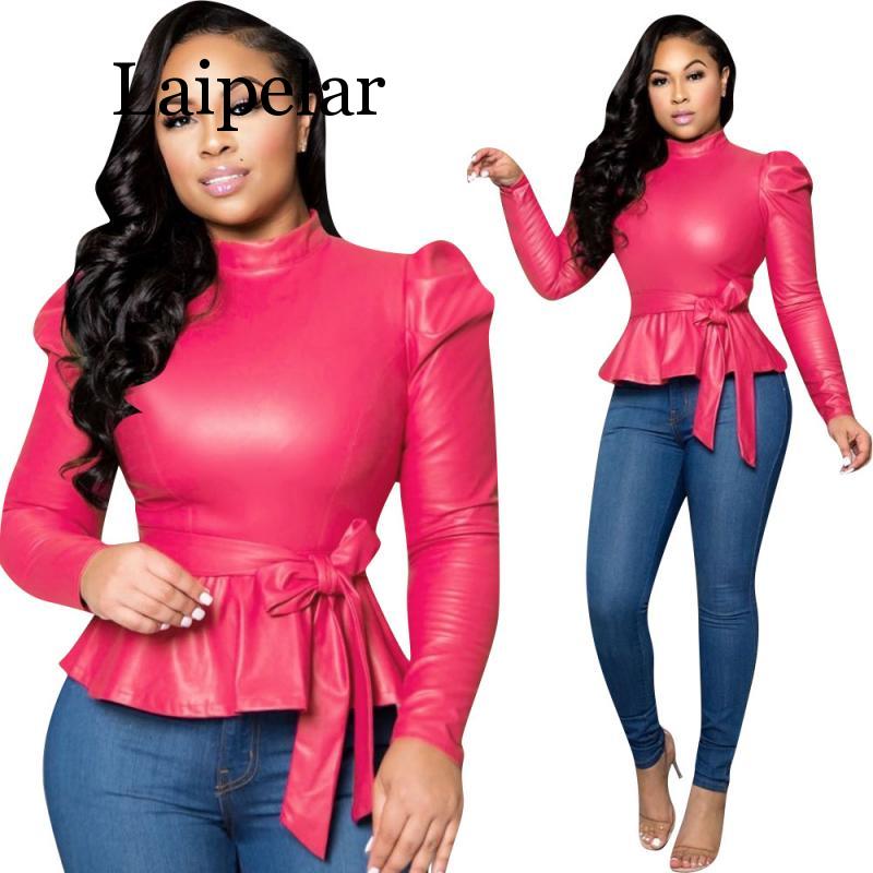 Women Long Sleeve Leather Pu Blouse Shirt Casual Solid Color Stand Neck Ruffle Shirts Autumn Faux Leather Frill Blouse