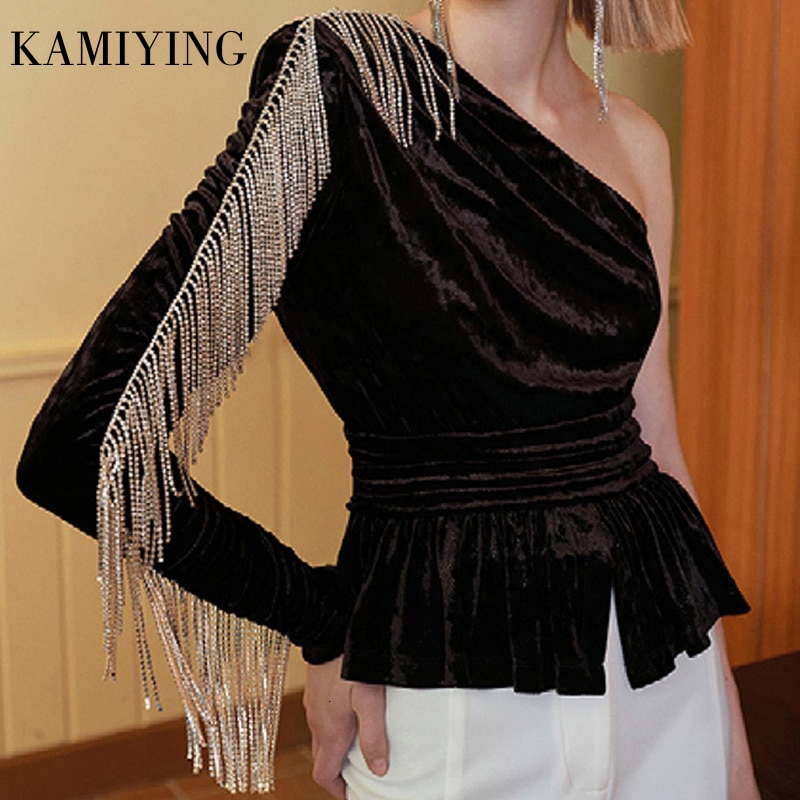 Women Skew Collar One Shoulder Patchwork Tassel Flannel Shirt Long Sleeve Blouse Tops Female 2019 Autumn Fashion