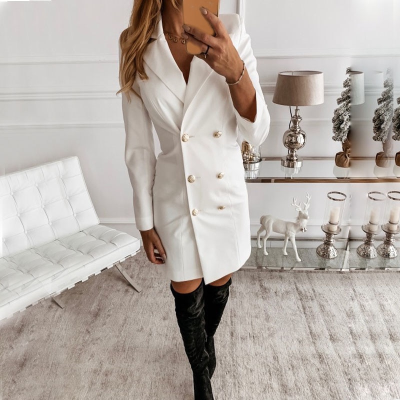 Women Suit Blazer Dresses Double-breasted Button Slim Fit Trench Coat Solid Color Office Lady Cardigan Casual Tops