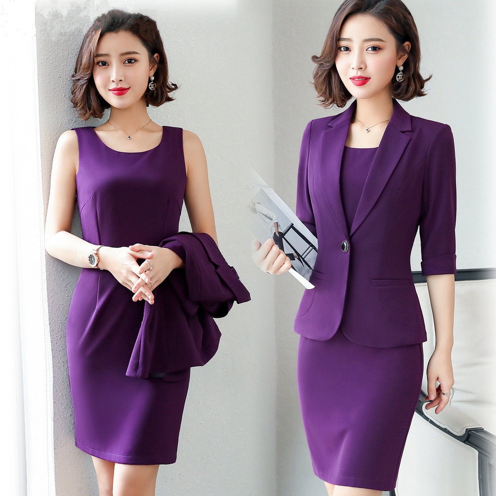 Women Suits Dress Suits 3/4 Sleeve Slim Blazer+Sleeveless Dress 2 Piece Set Vestido Formal Mujer Dress Ladies Suit 80911