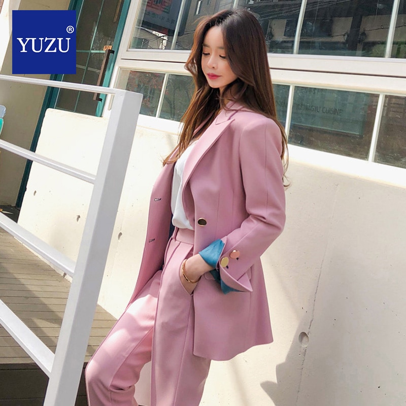 Women Suits Pink Green Office Pant Suits For Women Double Breasted Turn-down Collar Blazer Ol Style Woman Two Piece Suit