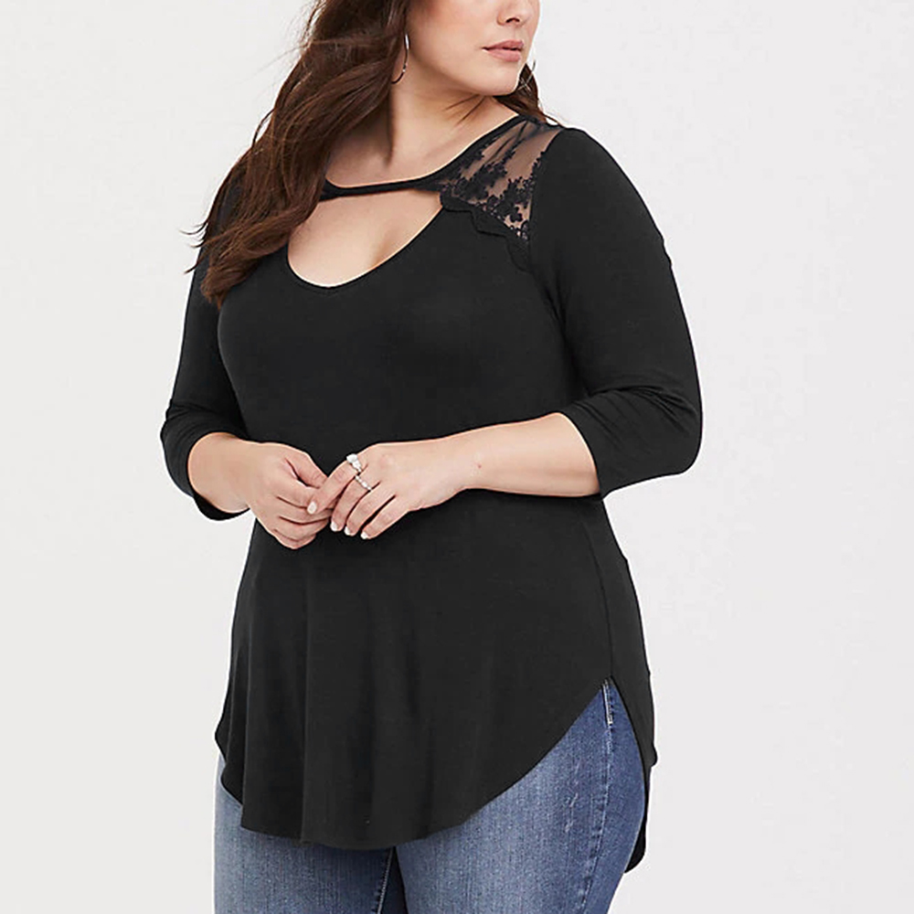 Women Tops And Blouses Plus Size Solid Black Lace Three Quarter Sleeve Female Shirt Hollow Out Large Size Ladies Blouses 5XL D30