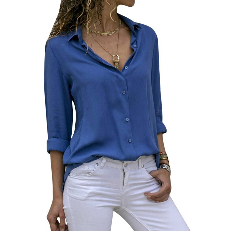 Women Tops Blouses 2020 Autumn Elegant Long Sleeve Solid V-Neck Chiffon Blouse Female Work Wear Shirts Plus Size