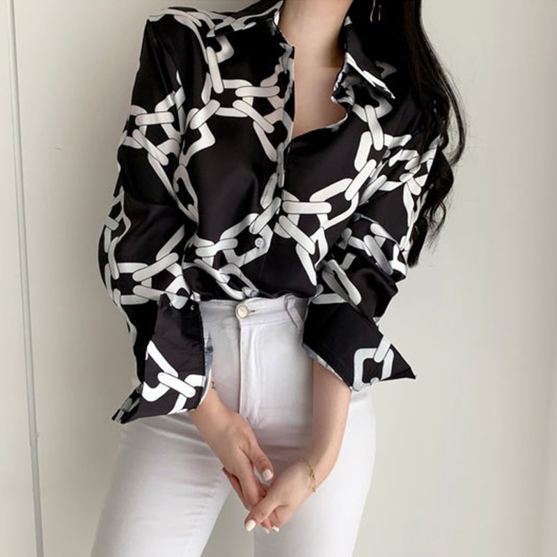 Women Tops Top Time-limited Acetate Print Vadim Blusas Mujer De Moda 2019 Vintage Chain Printed Lapels Sleeve Thin Shirt Women