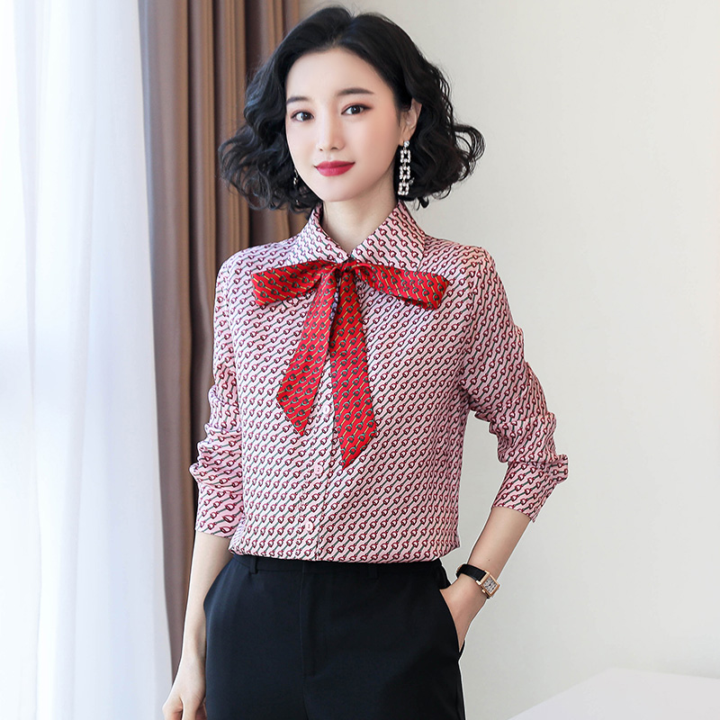 Women Vogue Soft Satin Blouses Plus Size 3XL Big Bow Tied Single Breasted Turn Down Collar Long Sleeve Elegant Silk Blouse Shirt