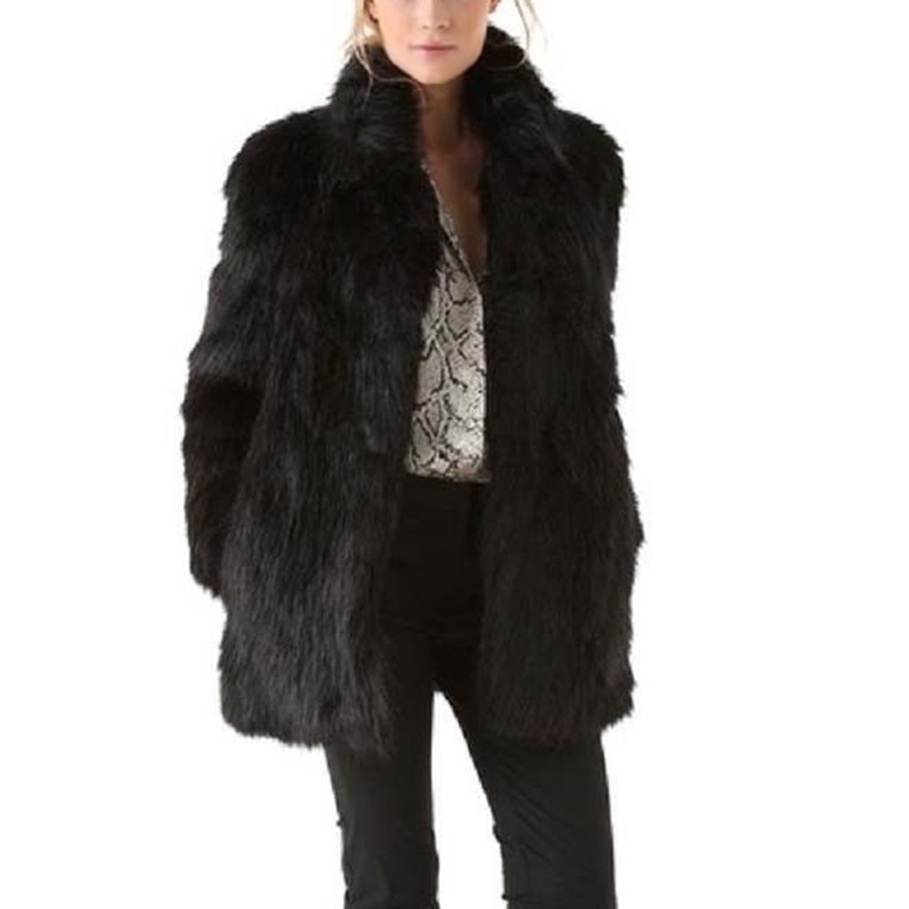 Women Winter Faux Furs Coat Stand Collar Black Fluffy Long Sleeves Warm Female Tops QL Sale