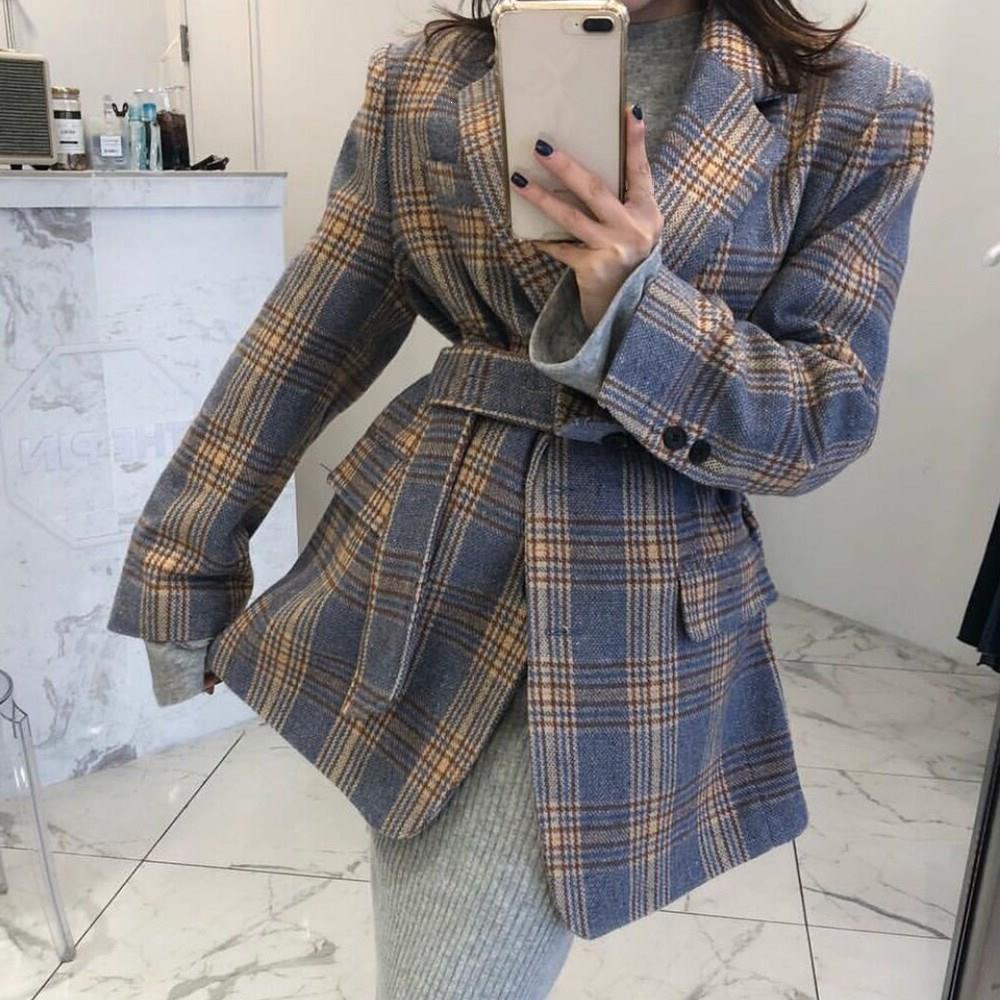 Women Winter Notched Plaid Blazer Suit Safari Style Belt Single Breasted Thin Woolen Coat Vintage Long Outwear