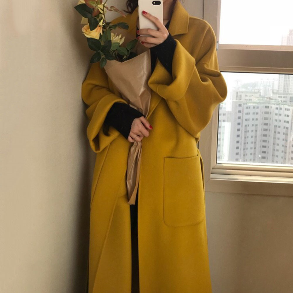 Women Wool Blends Autumn Elegant Office Ladies Ginger Yellow Solid Belted Long Overcoat Oversized Winter Coat Korean Minimalist