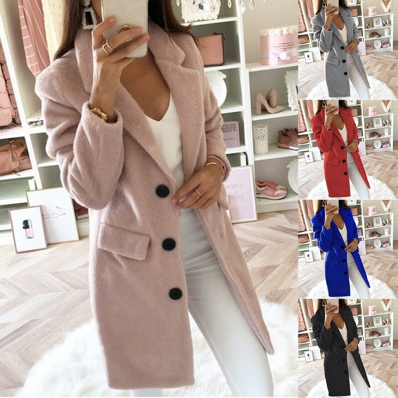 Women Wool Coat Winter Long Ladies jackets Coat Plus Size 5XL Casual Solid Pink Blend Coat Female Outerwear Jacket