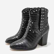Women ankle boots 2019 Crocodile Pattern Motorcycle Western cowboy boots for women Rivet Zipper PU Leather High Heels Cowgirl