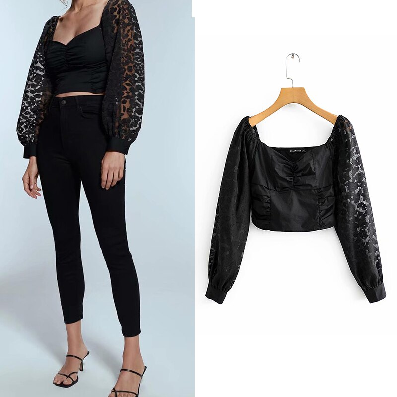 Women blouse za 2019 sexy transparent organza sleeve patchwork modern lady chic black blouse shirts