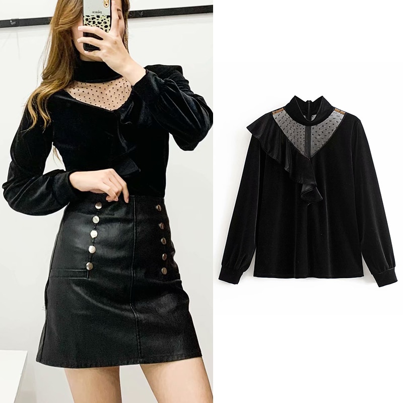 Women blouse za 2019 velvet dot print ruffles lace blouse transparent chic black sexy blusas mujer de moda