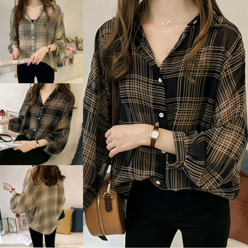 Women's All-match Shirts Summer Sunscreen Plaid Button Long Sleeve Baggy Shirt Ladies Blouse Tops and Blouses Plus Size M-4XL