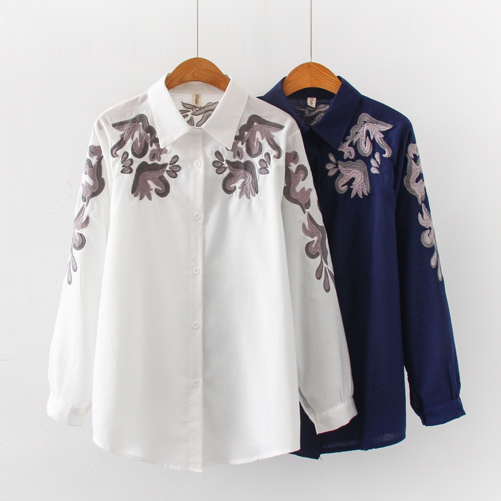 Women's Blouse OL Style Vintage Embroidery Turn-down Collar Women Loose Blouses Tops Long Sleeve Femme Button Down Shirts