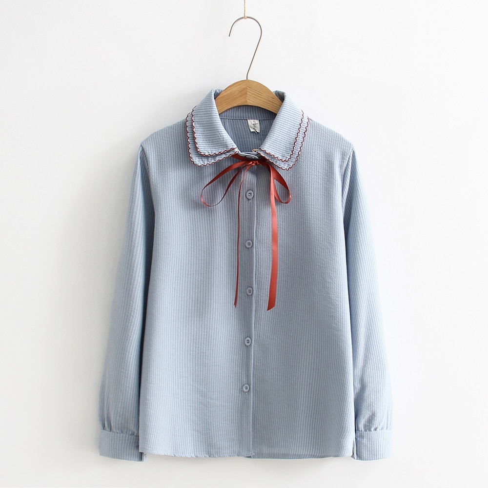 Women's Blouse Preppy Style 100% Cotton Elegant Turn-down Collar Sweet Button Down Shirts Bow-knot Feminina Tops Long Sleeve