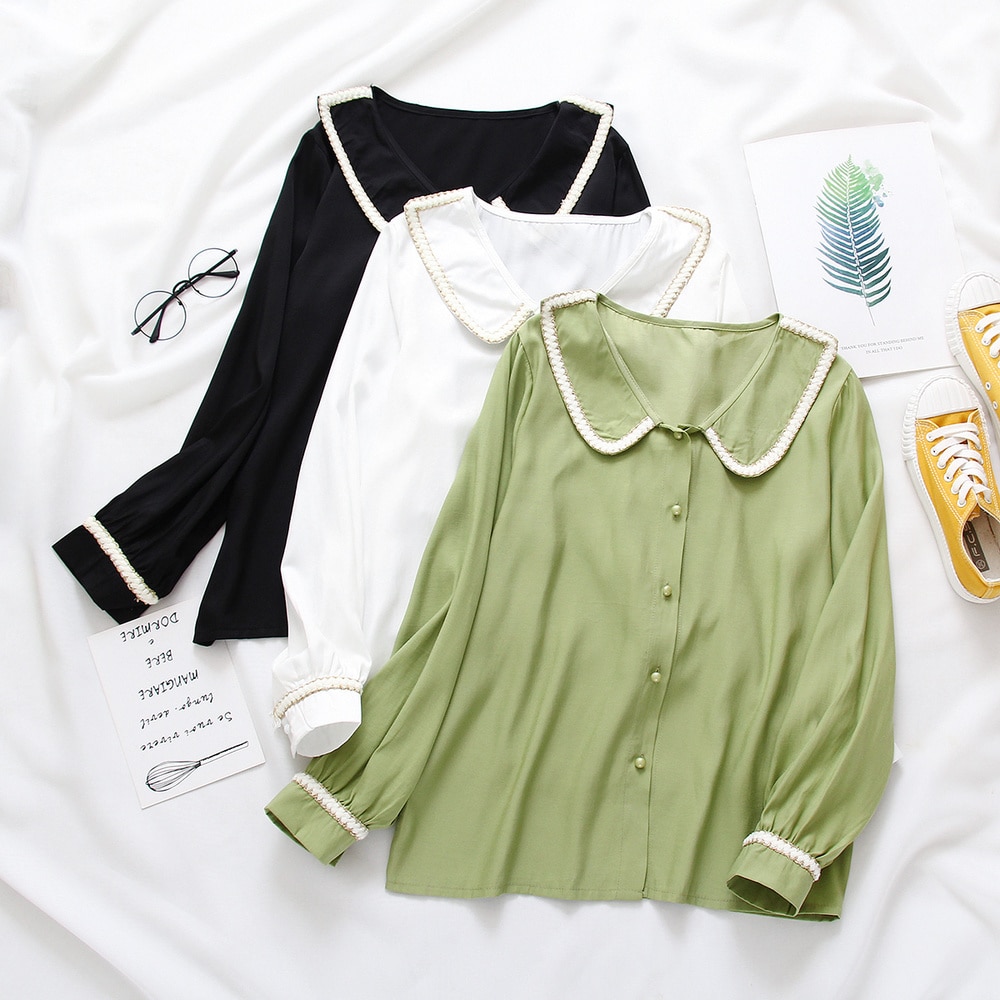 Women's Blouse Spring OL Style  Female Peter Pan Collar Tops Long Sleeve Women Loose Blouses Ladies Workwear Button Down Shirts