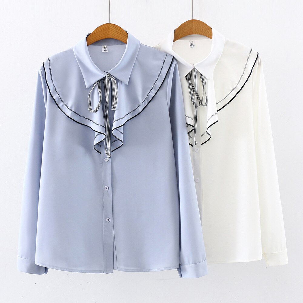 Women's Blouse Tops Long Sleeve Women Loose Blouses Design Ruffled Turn-down Collar Lacing White Shirt Office Ladies Workwear