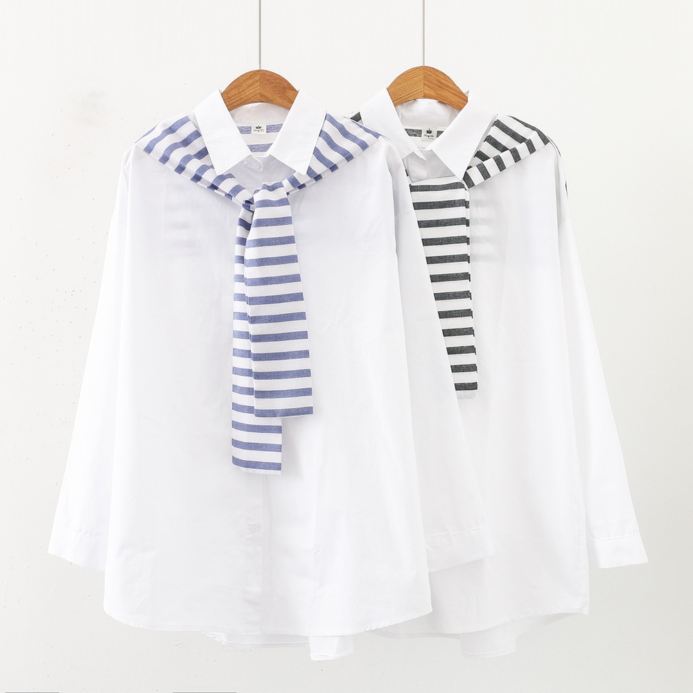 Women's Blouse White Shirt OL Style Loose Tops Long Sleeve Casual Femme Turn-down Collar Button Down Shirts Sailor Suit