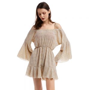 Women's Collar High Waist Dress Flare Sleeve Floral A-line Dress Women's Summer Beach Casual Sexy Dress
