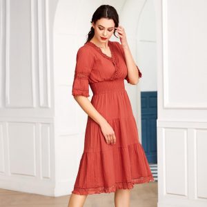 Women's High Waist V-neck Dress Flare Sleeve Fashion Casual Red Dress Women's Summer Sexy Dress for Party Plus Size