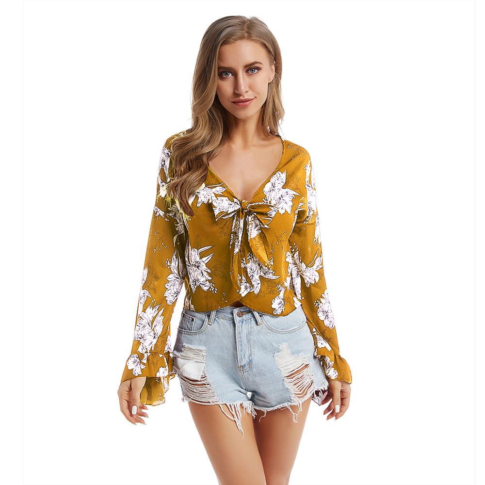 Women's Print Blouse 2020 Sexy V-neck Exposed Navel Long Flare sleeve Black Tops Women's Streetwear Short Top Blouse Beach Style