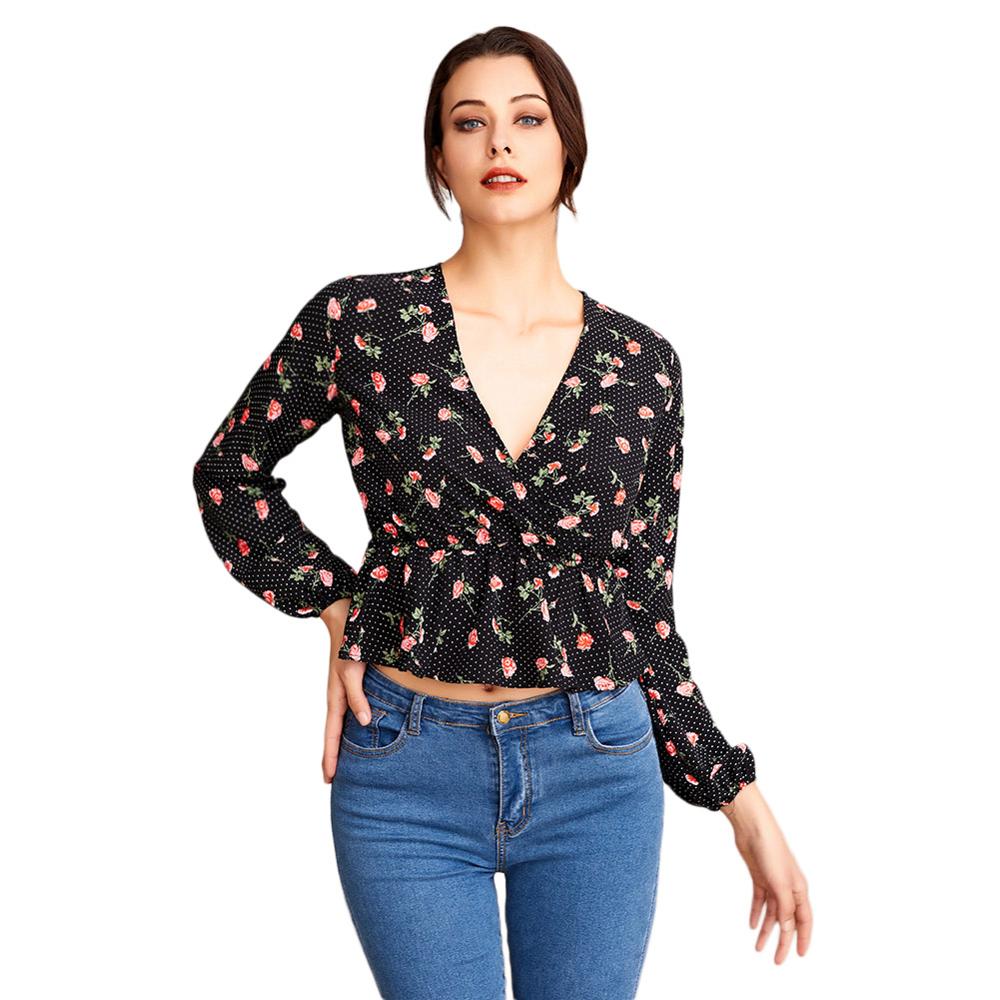 Women's Print Blouses Long Sleeve V Neck Slim Blouse Office Lady Women Summer Clothes Casual Loose Tops Streetwear New Fashion