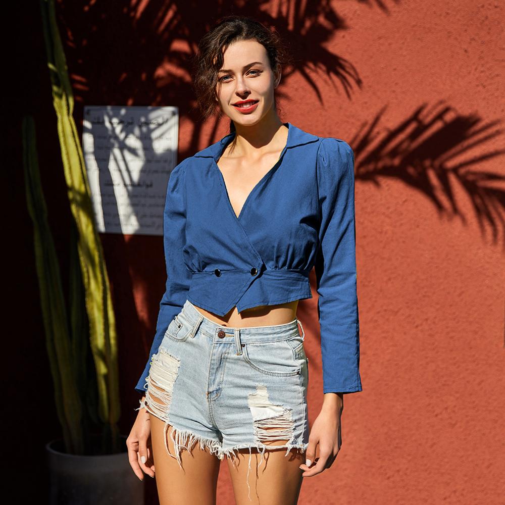 Women's Short Blouse Office Solid Color Blue Long Sleeve V-Neck Coat Women Streetwear Blouses Women;s Tops Elegant Top Female