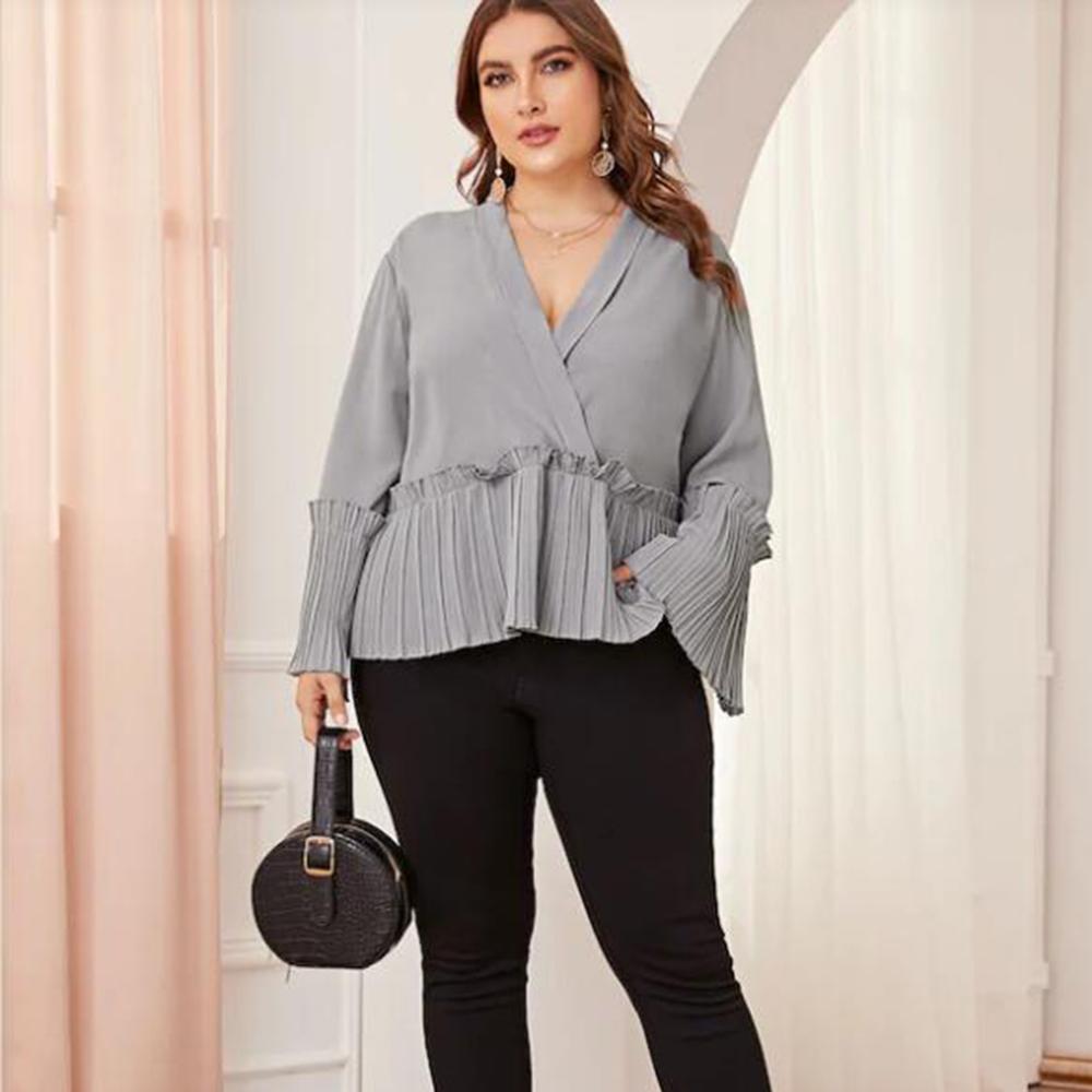 Women's V-neck Blouse  Pleated Hem Long Sleeve Elegant Casual Commute Shirt Women's Plus Size BlouseXL-4XL