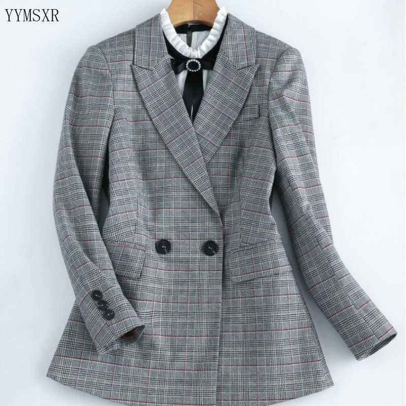Women's casual office interview jacket small suit feminine 2020 High-quality double-breasted checked blazer women Fashion coat