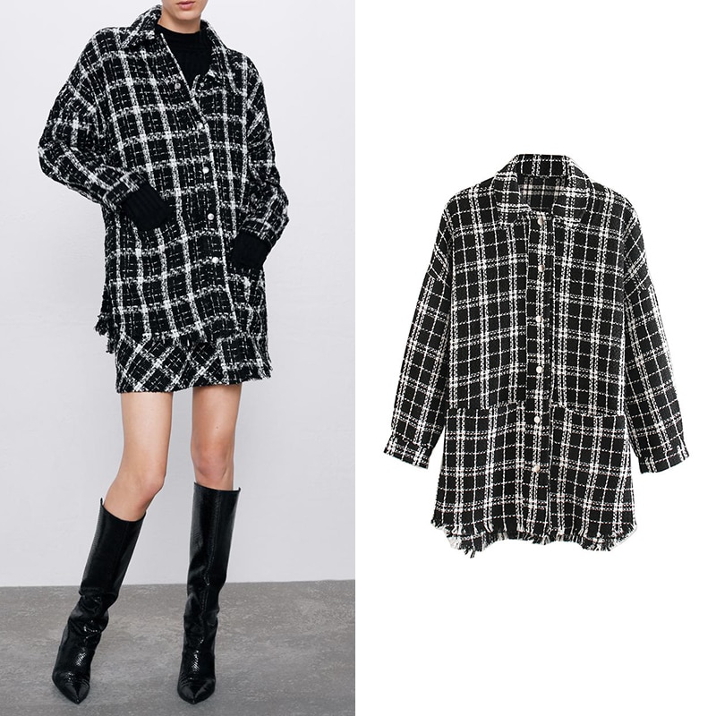 Women's jacket za 2020 vintage stylish pockets frayed plaid tweed jacket coat women fashion long sleeve loose female outwear