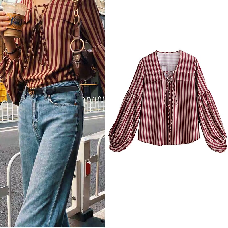 Women's shirt fashion 2019 za chic striped blouse lantern sleeve bow tie V-neck  women tops and blouses sexy shirts chic blusa