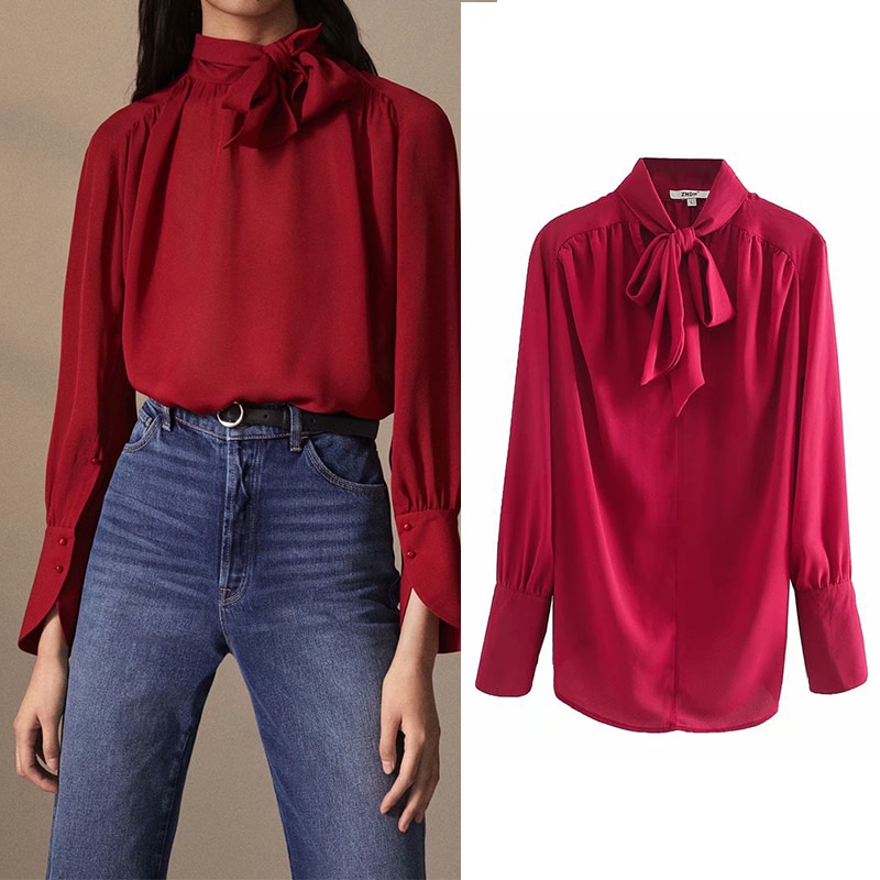 Women's shirt za 2019 linen bow tie blouse long sleeve elegant chic red womens tops and blouses