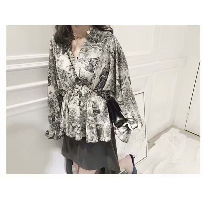 Women shirt za 2019 floral print V neck ruffles shirt petal sleeve vintage blouse and tops