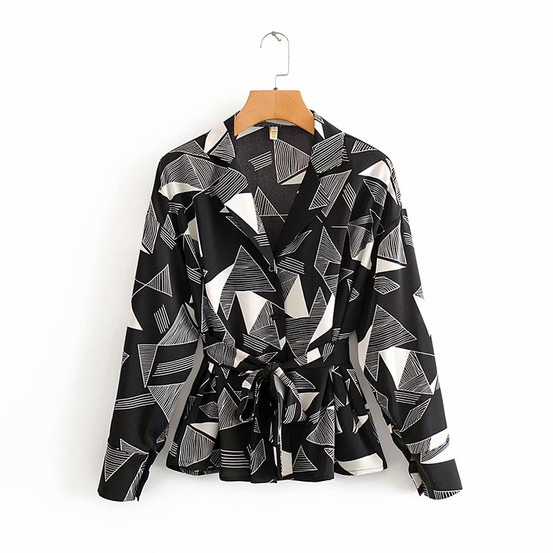 Women shirt za 2019 geometric print sashes elegant shirt long sleeve vintage womens tops and blouses