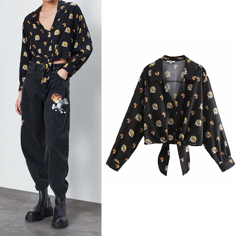 Women shirt za 2020 carton mouse and cat print V neck blouse vintage long sleeve bow blusa feminina casual plus size womens tops