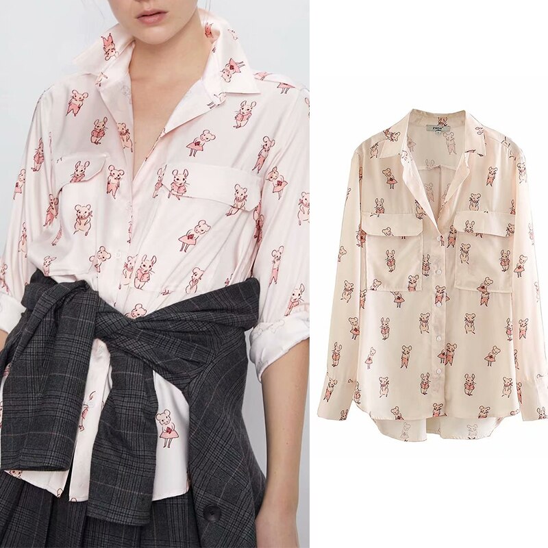 Women shirt za 2020 carton mouse print chiffon blouse long sleeve elegant turn-down collar shirt casual blusa feminina