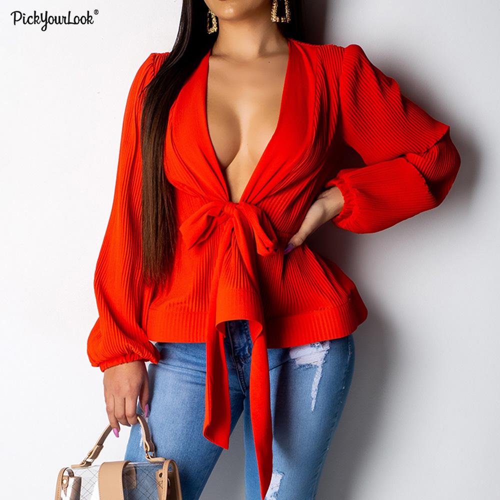 Women tops bow shirt casual sexy deep V-neck laced butterflies rubber band cuffs folds long sleeve shirt Four Seasons D30