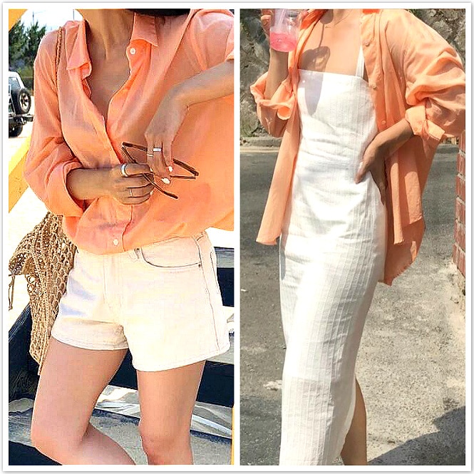 Womens Summer Cotton Single Breasted Tops Blouses Casual Shirt button sweet Sunproof Orange beach sea vacation tourism office