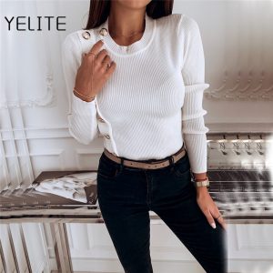 YELITE Fashion Women's Sweaters Button Collar Slim Fit Women's Knitted Sweater Warm Bottoming Women Solid Color Sweater Slim Top