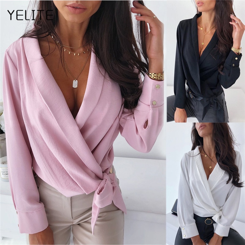 YELITE New 2019 fashion Autumn Women Tops Elegant Long Sleeve Solid Sexy V-Neck Blouse Office Ladies Shirts Sexy Blouse Shirt