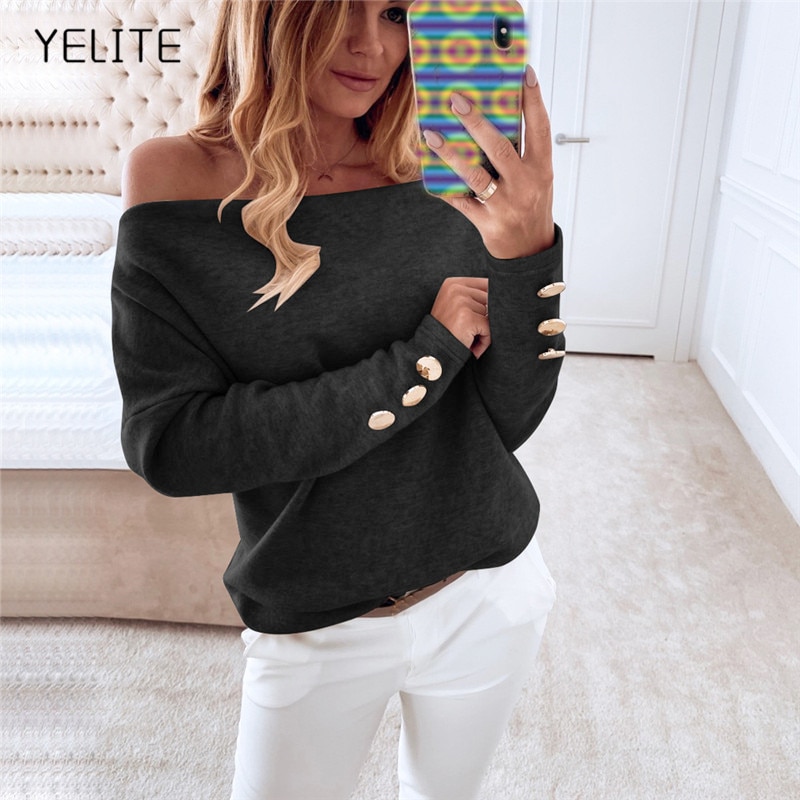 YELITE Sexy one shoulder knitted sweater women Vintage long sleeve pullovers female jumper Warm ladies autumn winter minimalist
