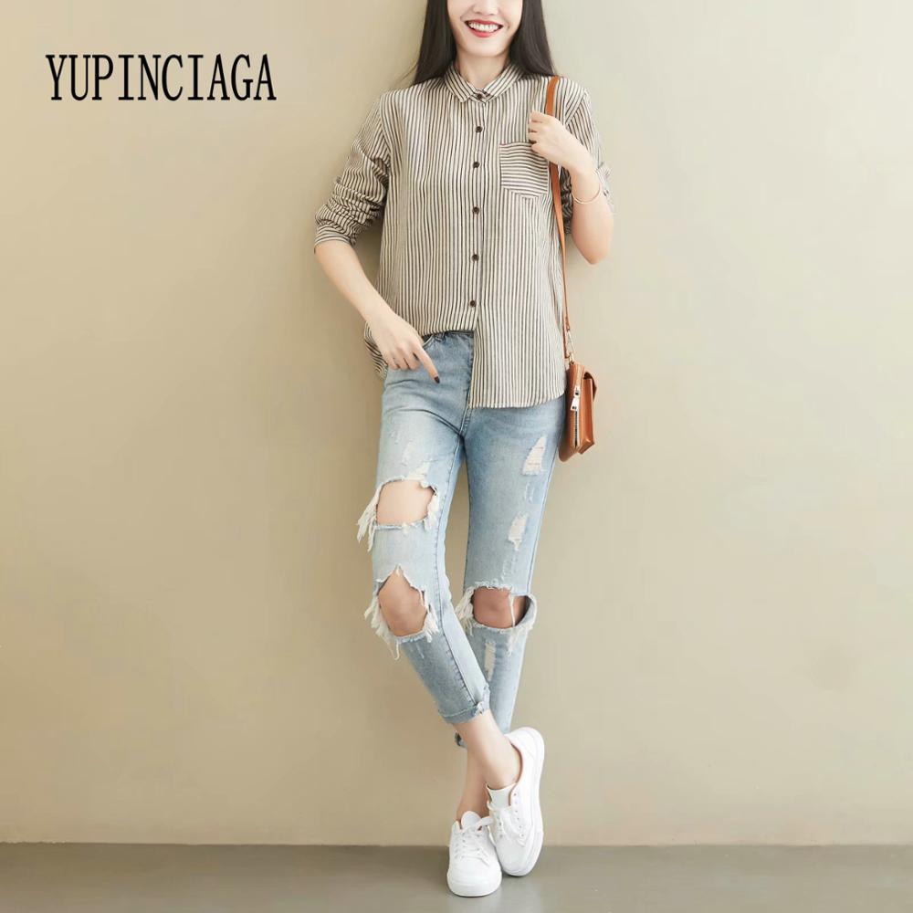 YUPINCIAGA 2020 Spring New Cotton Women's Simple Striped Lapel Long Sleeve Turndown Collar Shirts Femme Tops And Blouses
