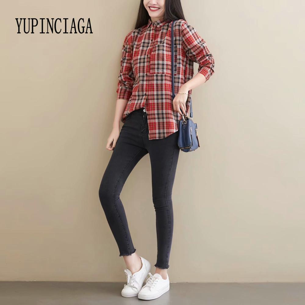 YUPINCIAGA 2020 Spring New Fashion Plaid Ssingle-breasted Casual Women Long-sleeved Shirt Patchwork Tops And Blouses For Ladies