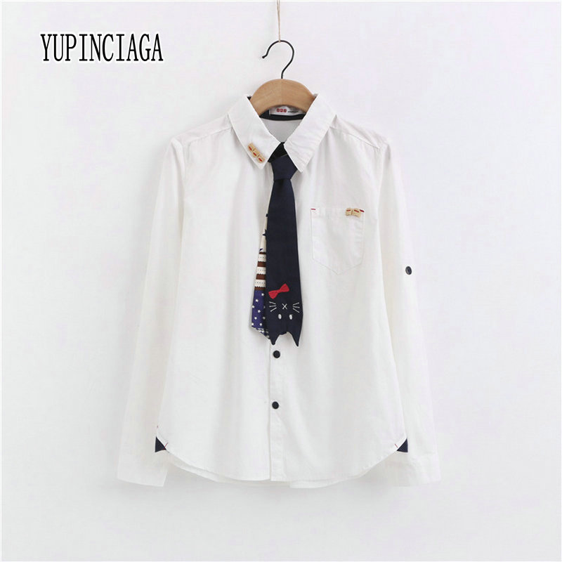 YUPINCIAGA Button Collar Kitten White Blouse Girl Cute Kawaii Cat Print Bow Tie School Uniform Preppy Style Long Sleeve Shirt