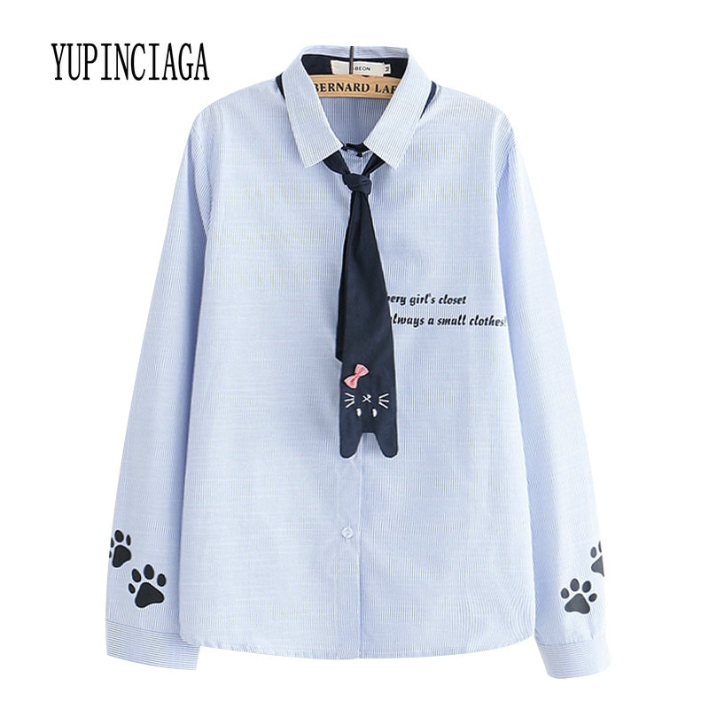 YUPINCIAGA Japanese Mori Women's Spring Striped Letter Tie Cat Embroidery Long Sleeve Vertical Striped Shirt Blouse Female